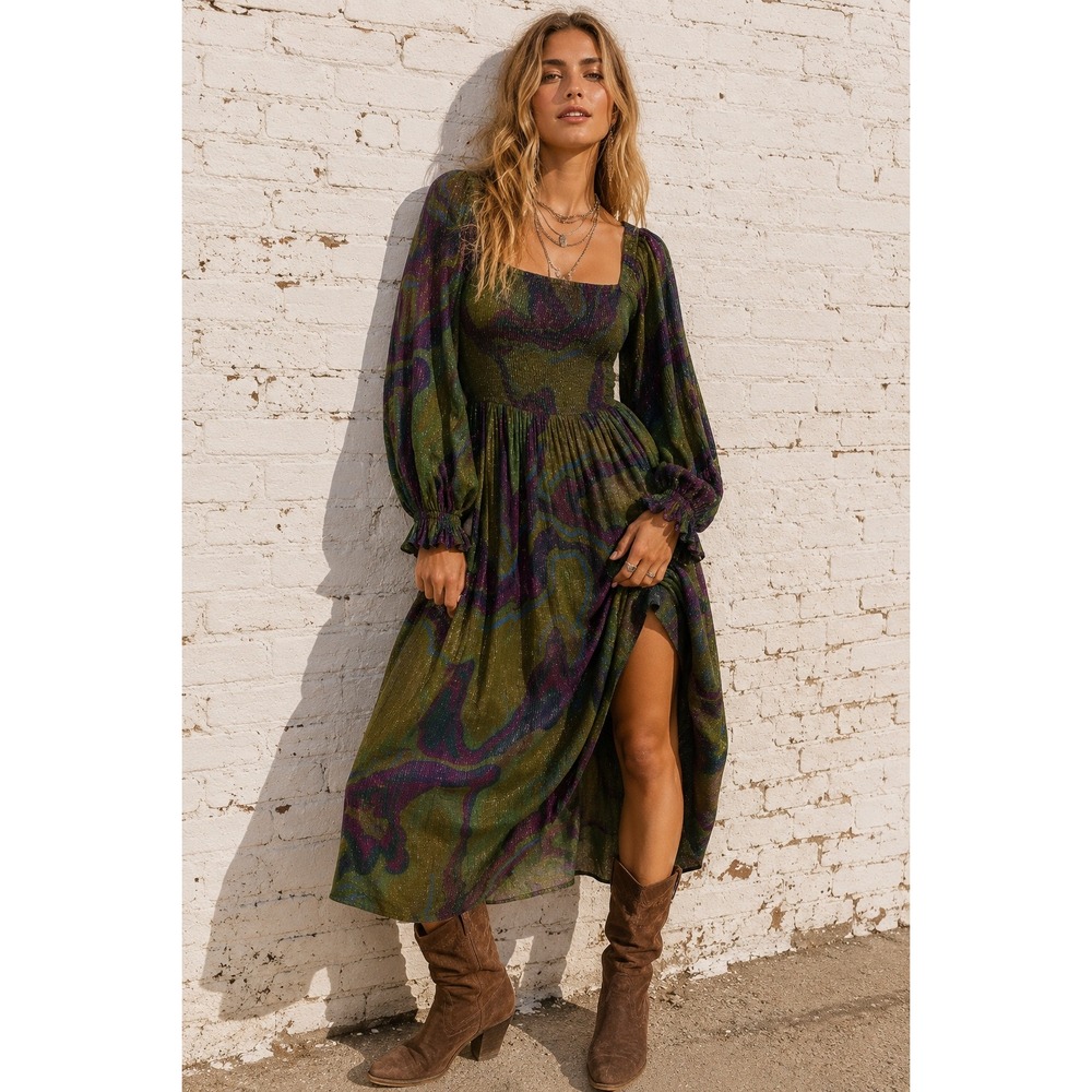 Anthropologie‎ Conditions Apply Riyana Lurex Maxi Dress Purple Green Smocked XS